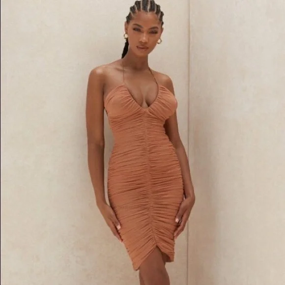 NWT House of CB Tiarra nude ruched mesh midi dress - Picture 2 of 11